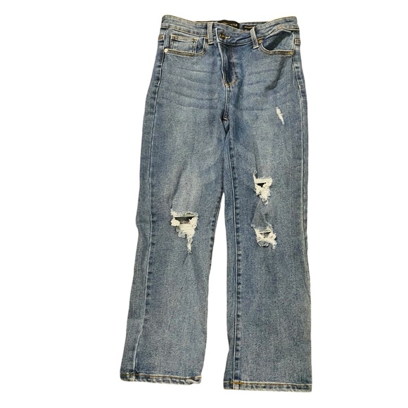 Kendall & Kylie Denim - Kendall & Kylie Distressed Icon High Rise Straight Asymmetrical Waistband 5/27